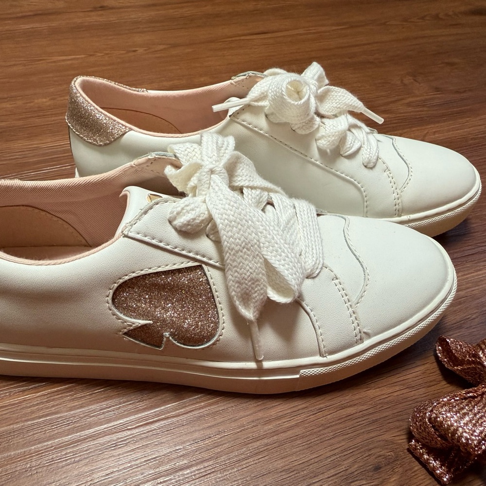 Kate Spade Fez Sneakers Cream and Gold Glitter Spade Sneakers Women’s size 7.5